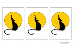 Grukarte Unerhrt!, gestaltet von der Grafikdesignerin Marion Lux, Berlin - Beschreibung: Drei Grafiken nebeneinander. Im Hintergrund jeweils eine gelbe Kreisfche wie Sonne oder Mond. Grafik 1 - Im Vordergund eine Ratte als Silhouette, die ihr Leid gen Himmel klagt. Grafik 2 - Die Ratte lauscht auf Antwort. Grafik 3 - Die Ratte weint bitterlich, weil sie keine Antwort erhlt. Darunter der Spruch Unerhrt!