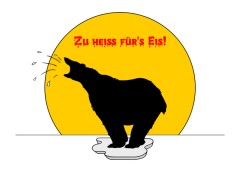 Grukarte Zu hei fr's Eis!, gestaltet von der Grafikdesignerin Marion Lux, Berlin - Beschreibung: Im Hintergrund eine gelbe Kreisflche als Sonne. Im Vordergrund ein Eisbr als Silhouette auf einer winzigen Eis-Scholle. Der Br weint bitterlich. Aufgedruckt der Spruch Zu hei fr's Eis!